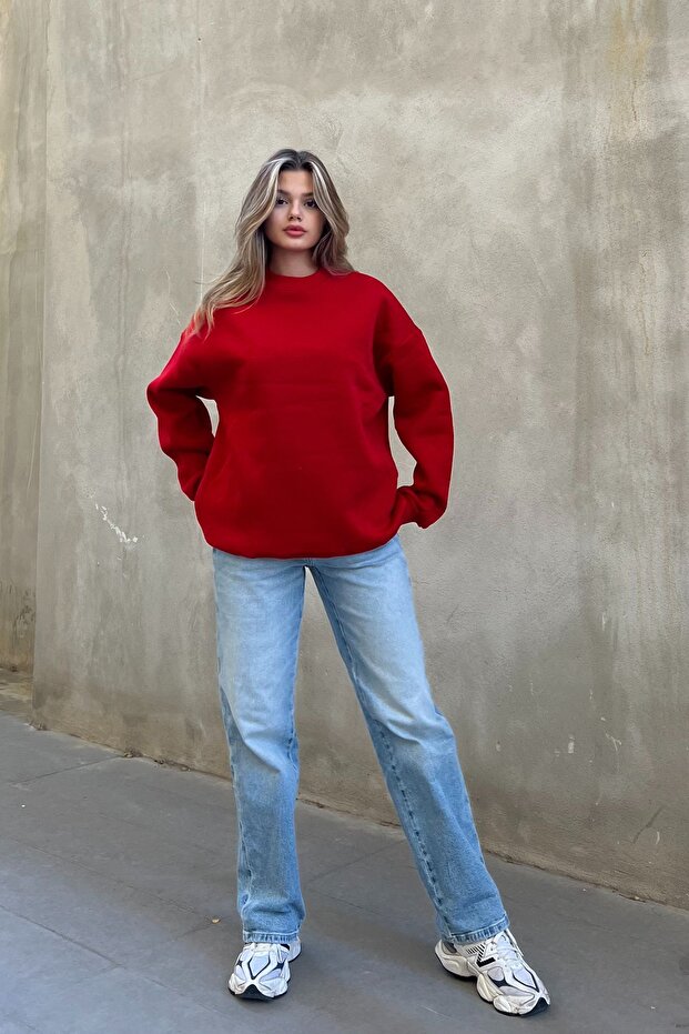 Kırmızı Basic Bisiklet Yaka Oversize Sweatshirt - 6