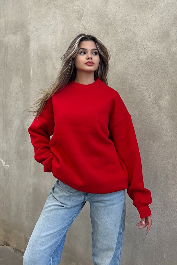 Kırmızı Basic Bisiklet Yaka Oversize Sweatshirt - 4