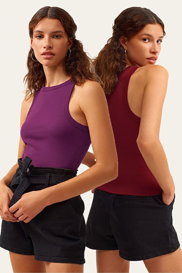 Pack of 2 Plum Claret Red Corded Halter Collar Knitted Tank Top