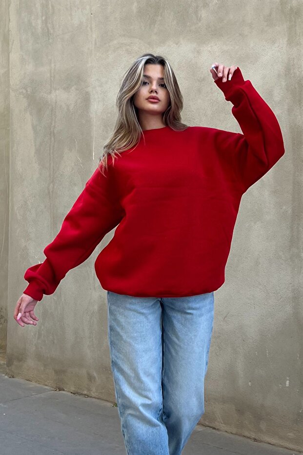 Kırmızı Basic Bisiklet Yaka Oversize Sweatshirt - 3