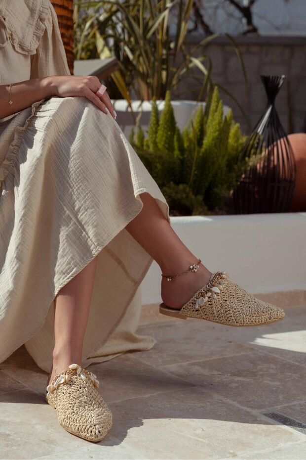 Detailné dámske šľapky Lisa Béžové pletené mušle - 7