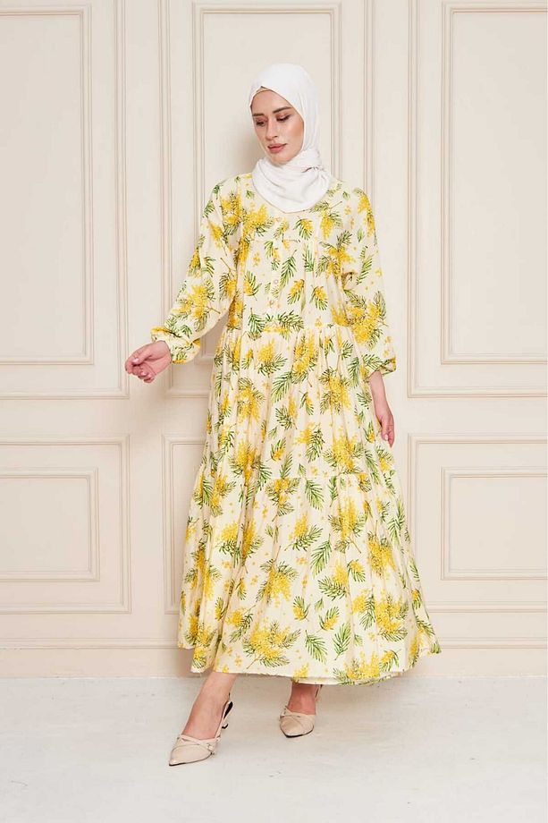 Tesettür Yazlık Vual Sarı Elbise - Sarı Çiçek Desenli, Ferah Model - 1