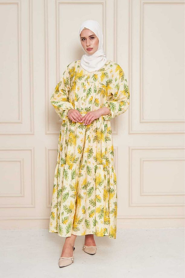 Tesettür Yazlık Vual Sarı Elbise - Sarı Çiçek Desenli, Ferah Model - 3