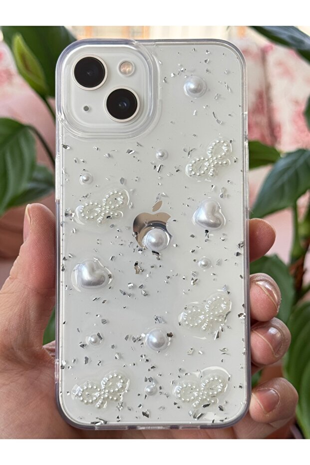 iPhone 13 - 14 Compatible Case with Bow and Pearl Pattern Transparent Glittery Stone Sparkling Camera Protrusion - 4