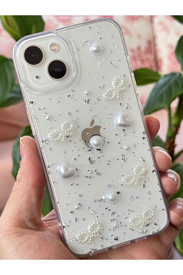 iPhone 13 - 14 Compatible Case with Bow and Pearl Pattern Transparent Glittery Stone Sparkling Camera Protrusion - 5