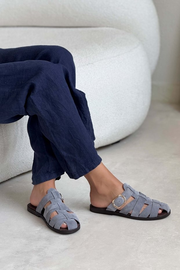 Honey Stone Genuine Suede Buckle Detailed Flat Sole Women's Slippers