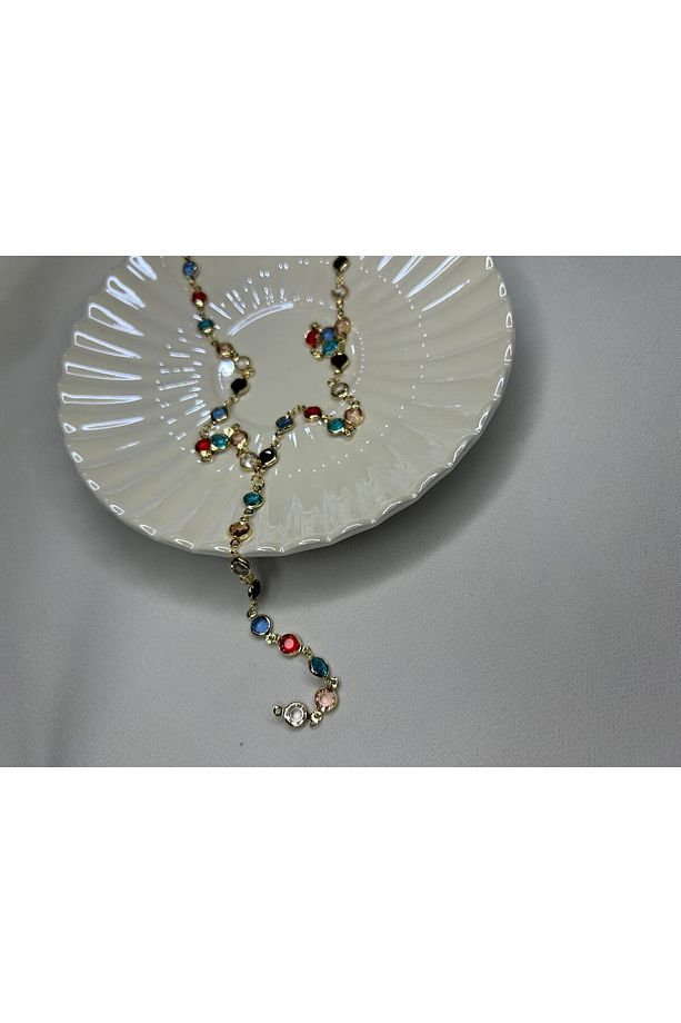 Renkli Yuvarlak Taşlı V Kolye 70cm - V Kolye - 4