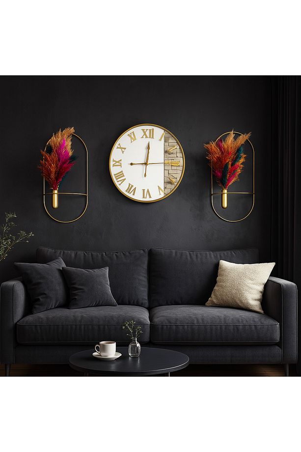 Duvar Saati Glorya Gold 3lü Set Gerçek Aynalı Duvar Saati Dekoratif NOT: PAMPASLAR DAHİL DEĞİLDİR - 3