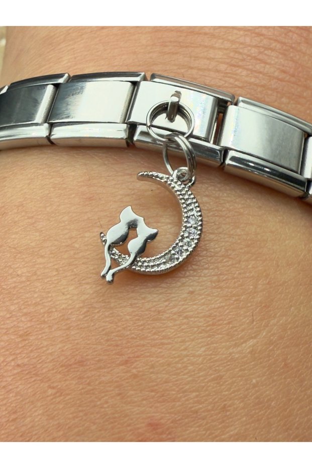 Zircon Stone Cat Steel Charm and Italian Steel Bracelet I Special Boxed