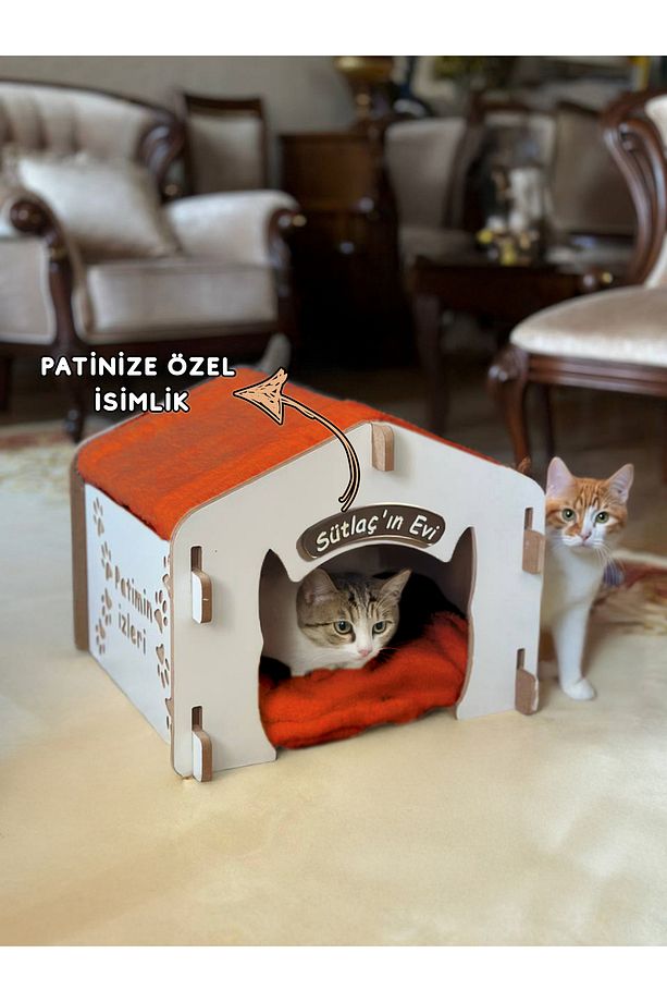 Kiremit Rengi Ahşap Kolay Montajlanabilir Pofuduk Minderli Kedi Evi & Yuvası - 4
