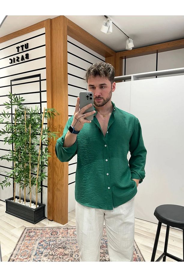 Yeşil  Oversize Dokulu Gömlek - 1