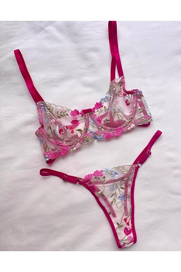 İMRE Pembe Çiçek Brode Takım - 5