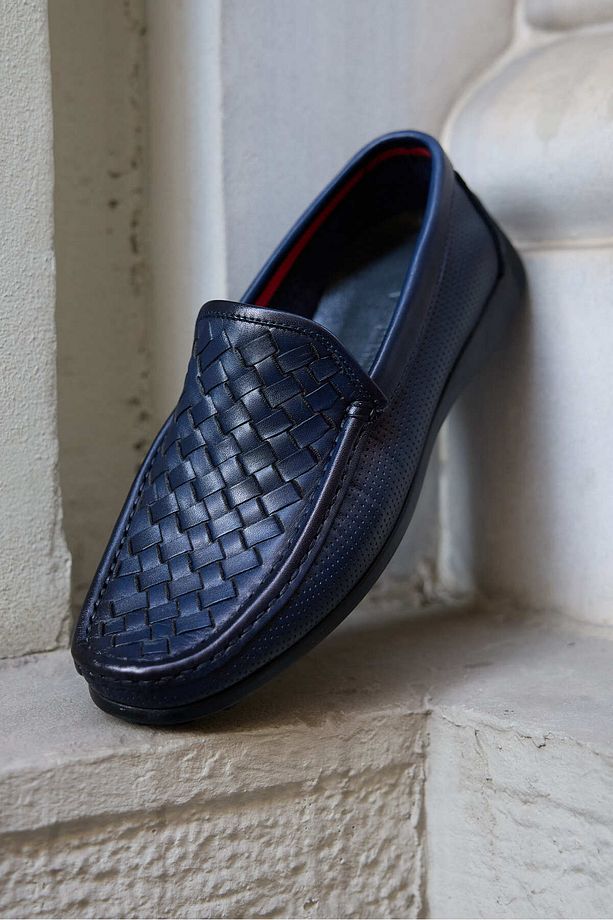 Stride Lacivert Örgülü %100 Hakiki Deri Erkek Loafer Ayakkabı - 1
