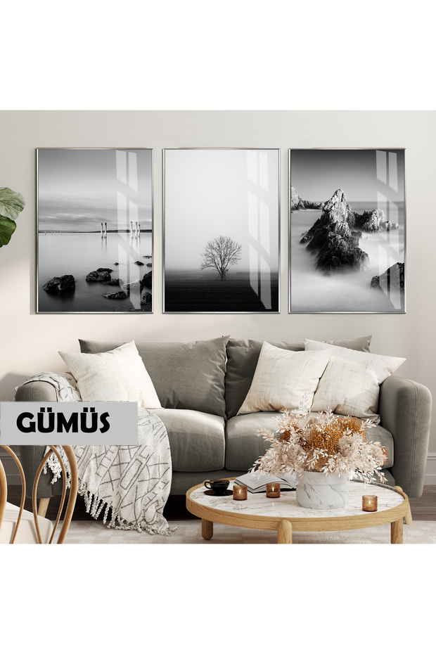 Amazing | Black White Mountain Lake Landscape Combination | Framed Glass Table 3 Pieces Vertical