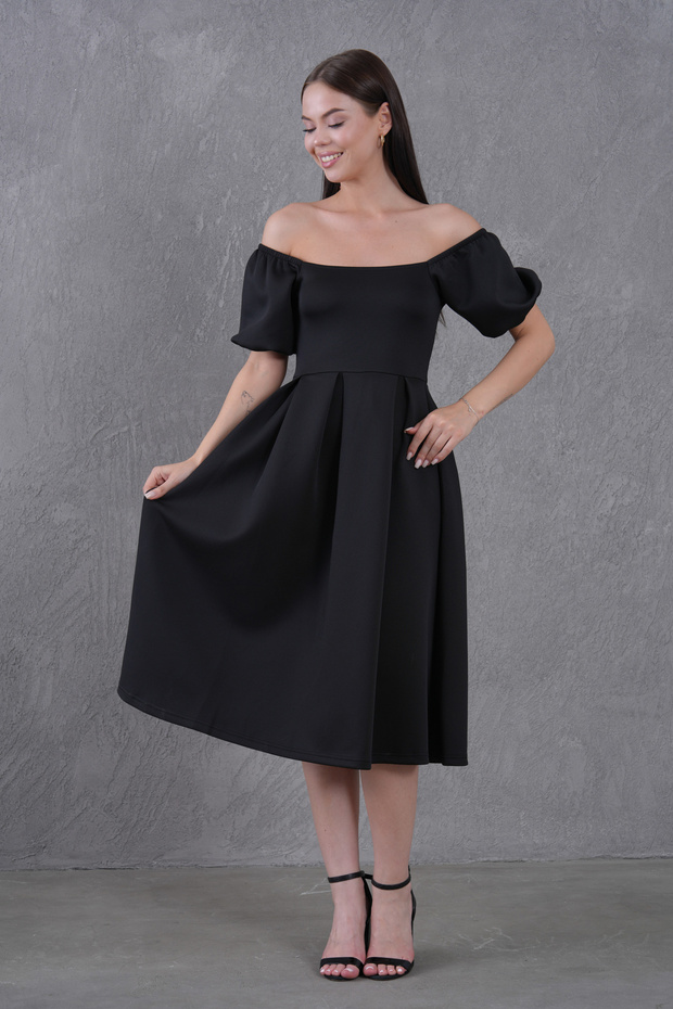 New Season Women's Stretchy Scuba Fabric Square Neck Balloon Sleeve Design Black Midi Evening Dress 582613