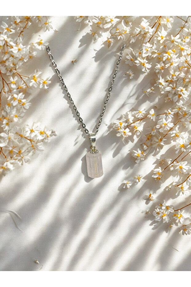 Pink Quartz Natural Stone Minimal Necklace - Cylinder Cut Pink Quartz Natural Stone Love Affection Necklace