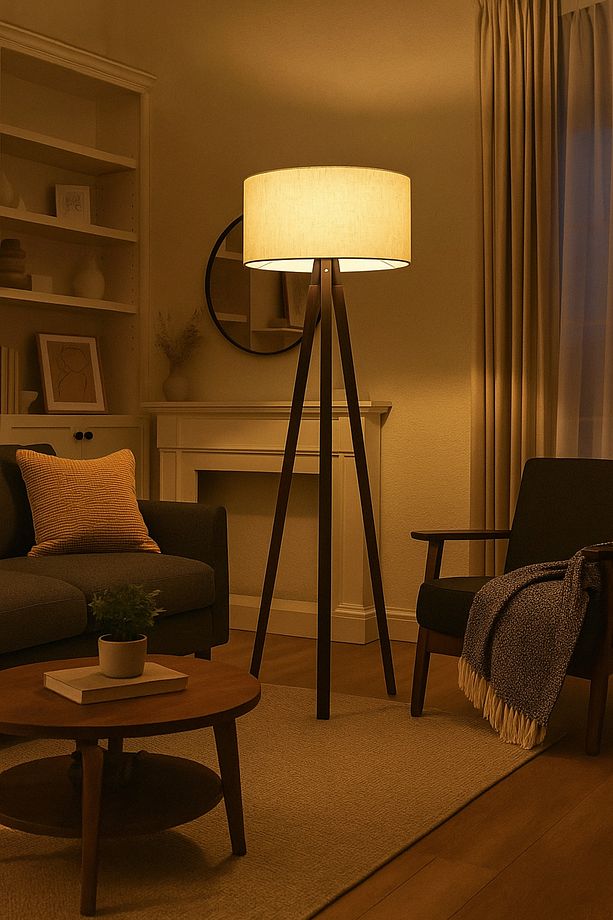 Modern 3 Ayaklı Kumaş Gövdeli Bej Lambader | Dekoratif Salon ve Yatak Odası Aydınlatması - 1