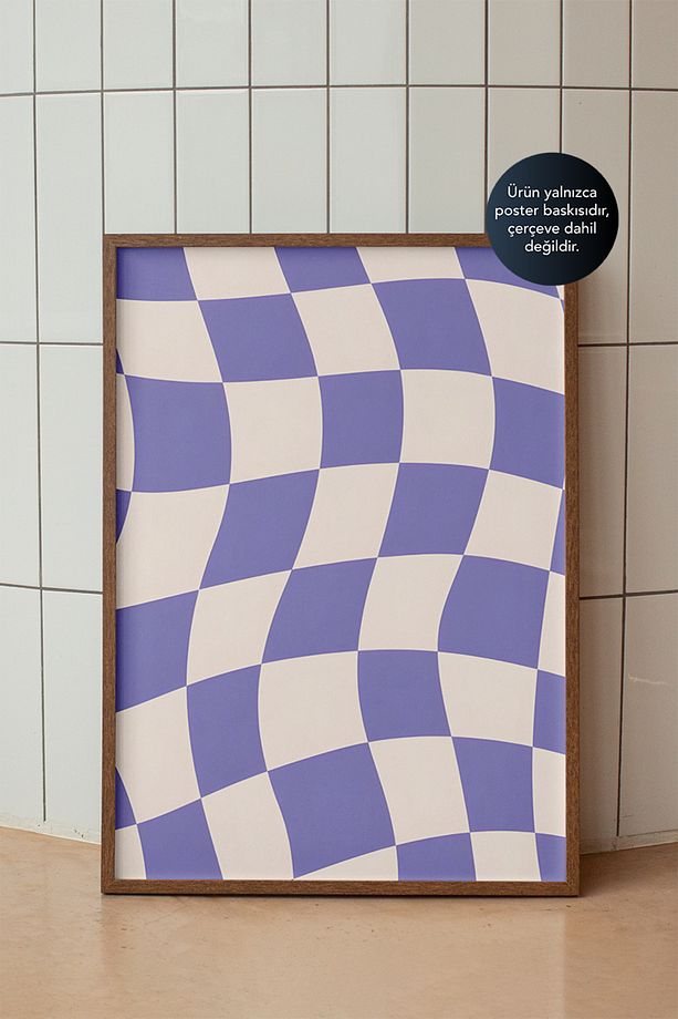 Lila Kavisli Kare Deseni - Dalgalı Satranç Efektiyle Modern Retro Minimalist Poster - Duvar Posteri - 1