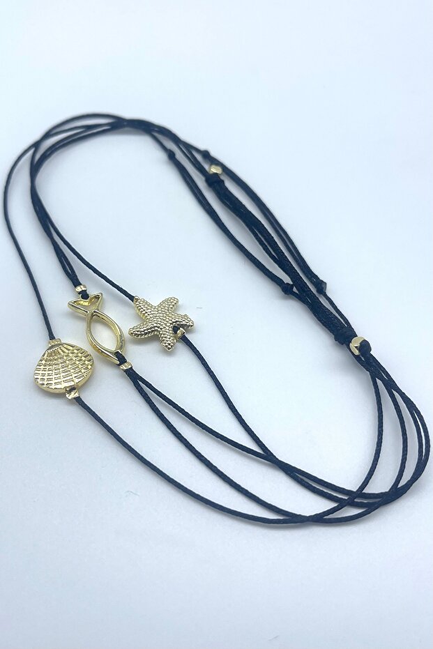 3 Pieces Minimal Sea Themed Gold Fish Mussel Star Figured Black Rope Summer Anklet Set