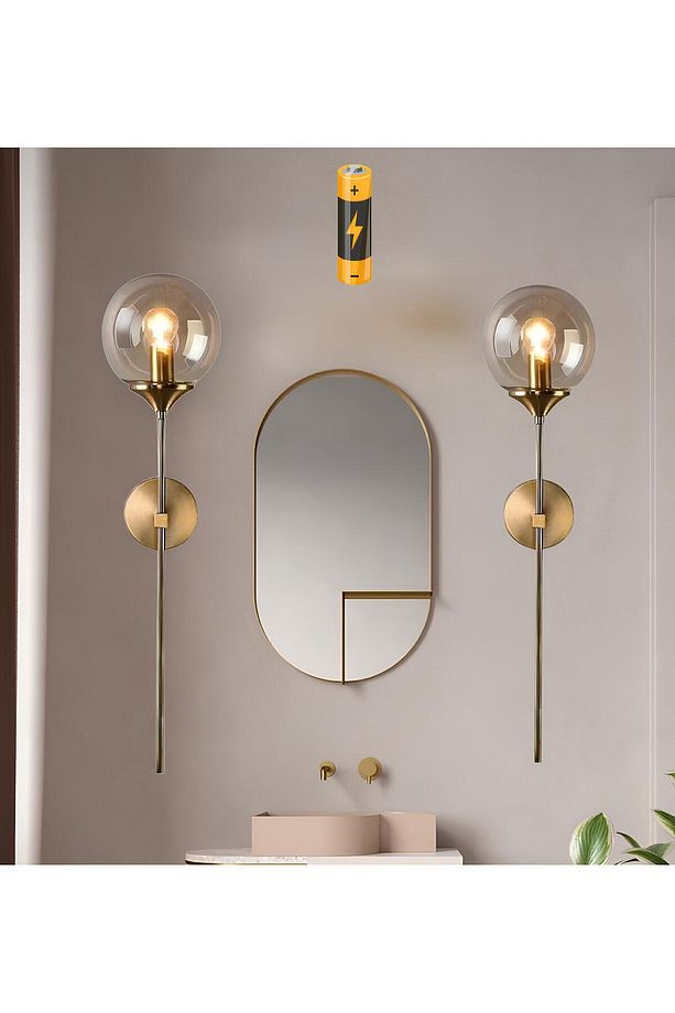 Modern Tasarım Pilli Aplik 1 Adet Tak Çalıştır Duvar Camlı Aplik Eskitme Gold Bal Camlı - 1
