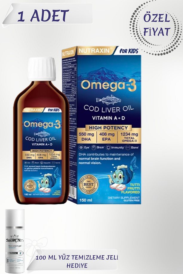 Omega-3 For Kids Tutti Frutti Aromalı Balık Yağı 150 ml (1 ADET) + 100 ML Yüz Temizleme Jeli HEDİYE - 1