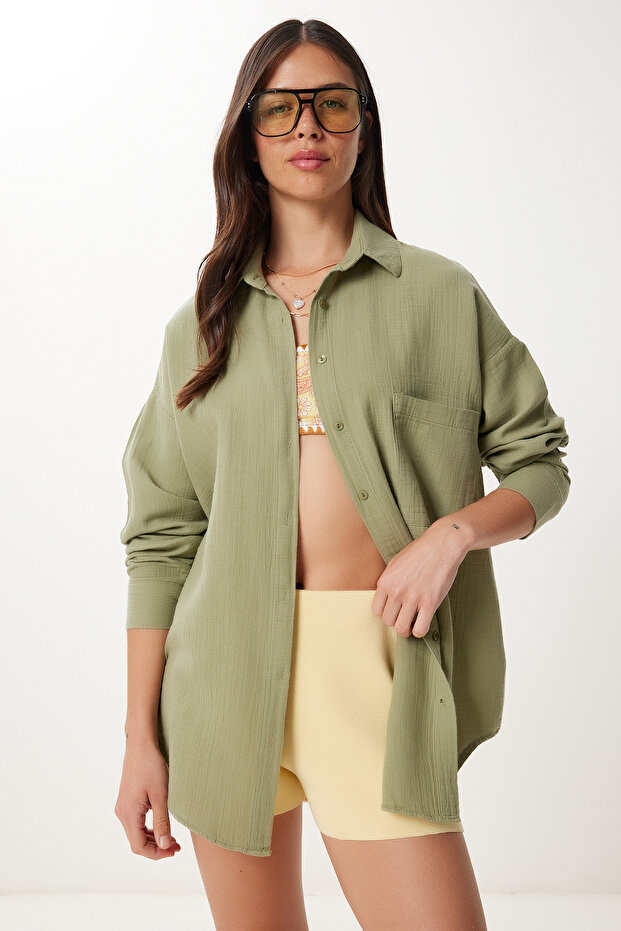 Oversize Basic Muslin Shirt Green Lmx0002