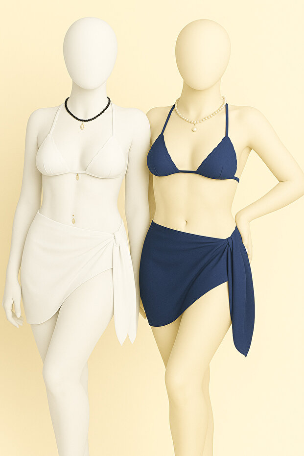 Set of 2 Beach Pareo Chiffon White and Navy Blue 150X50