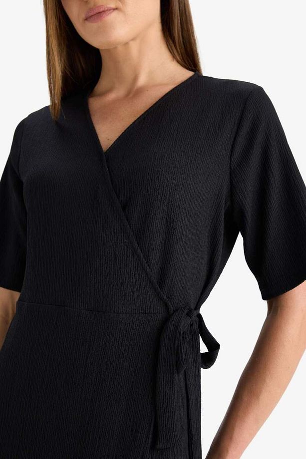 Regular Fit V Yaka Kruvaze Kapama Kısa Kollu Midi Siyah Yazlık Elbise F3913ax25hs - 4