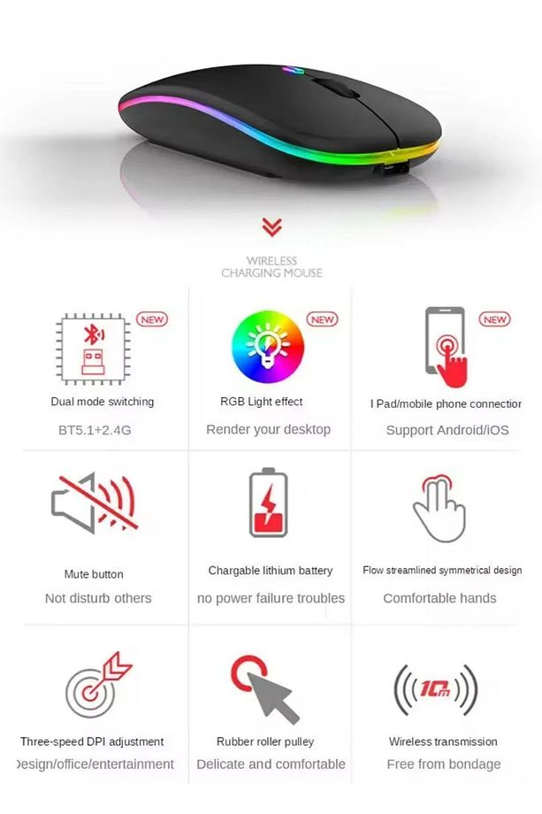 🖱️ Kablosuz Sessiz Bluetooth Mouse | 4 Tuşlu, Şarjlı, DPI Kontrollü Wireless Fare RGB Led - 4