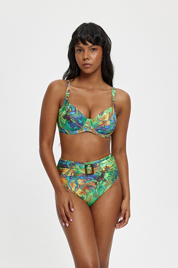 Green Patterned Bicycle Detail Wire Toparlayici High Waist Bikini Set