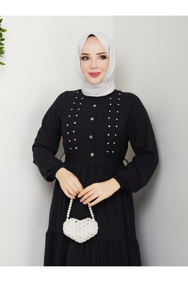 Önü Düğmeli Taş Detaylı Elbise 1153 - 4