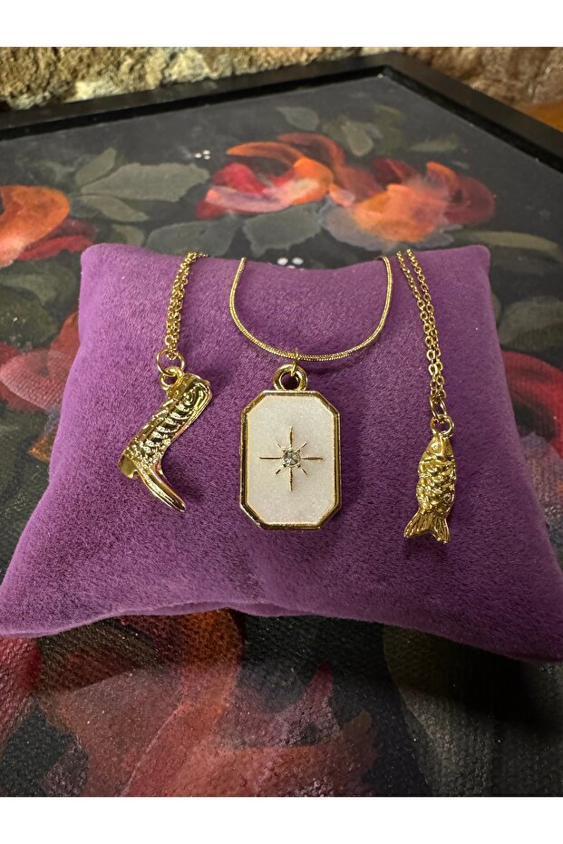 Fish-Pole Star-Boots Gold Color 3-Piece Steel Necklace Set Boxed