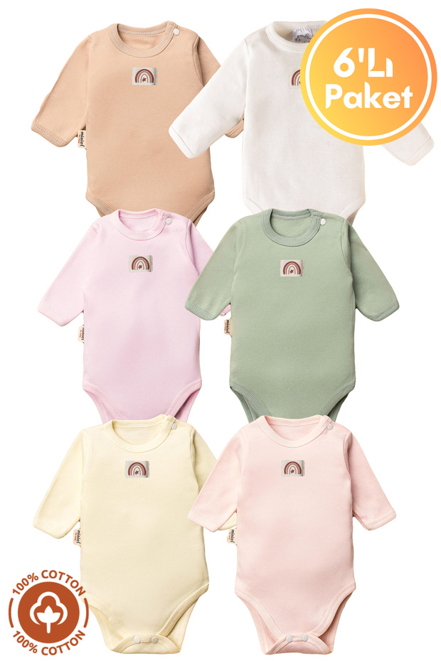 Unisex 100% Organic Cotton 3-6-9-12 Months 6-Piece Long Sleeve Baby Bodysuit with Crest Detail
