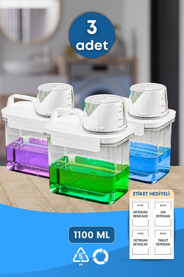 3 Adet Sızdırmaz Depolama Sıvı Toz Deterjan Erzak Saklama Kutusu- Ölçekli Deterjan Kutusu 1100 ml - 1