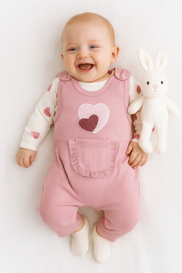 Baby Girl Heart Embroidered 2-Piece Salopet Set Long Sleeve Snap Fastener Newborn Outfit Socks Gift
