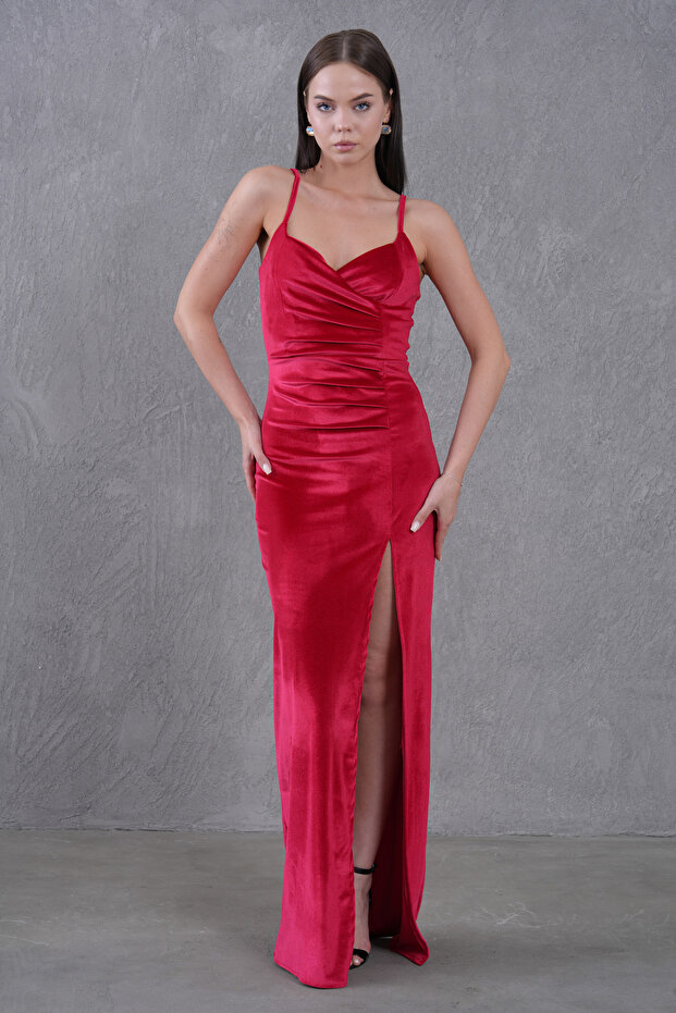 New Season Women's Velvet Low-cut and Slit Strap Evening Dress