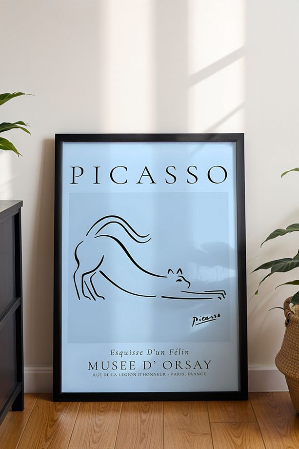 Mavi Esnek Kedi Çizimi ve Picasso Yazısı - Modern Minimal Hayvan Temalı Poster - 3