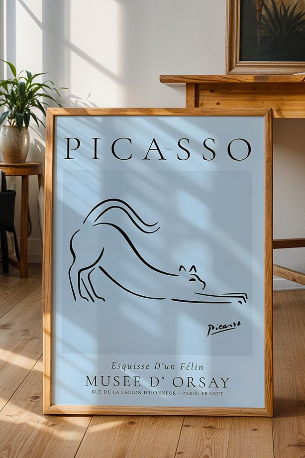 Mavi Esnek Kedi Çizimi ve Picasso Yazısı - Modern Minimal Hayvan Temalı Poster - 2