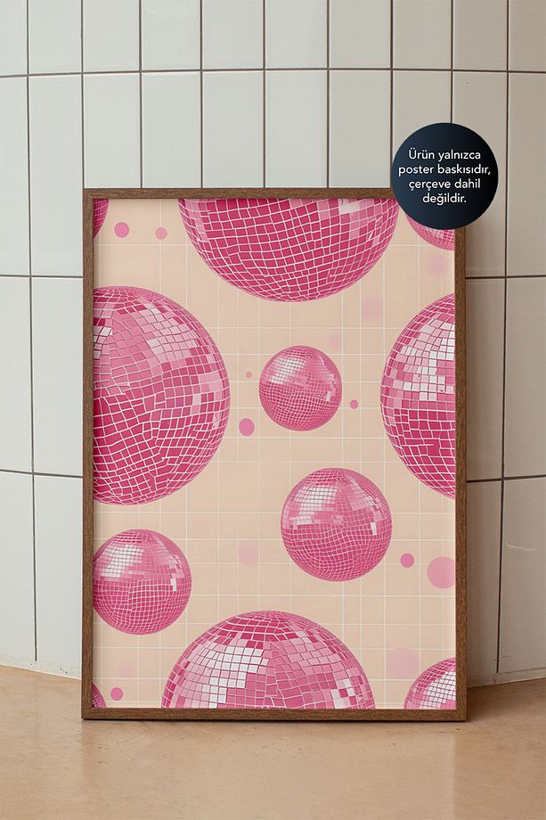 Minimalist Retro Disko Topu Duvar Posteri - Pembe Yansımalar Temalı Vintage Dekor - Çerçevesiz Baskı - 1