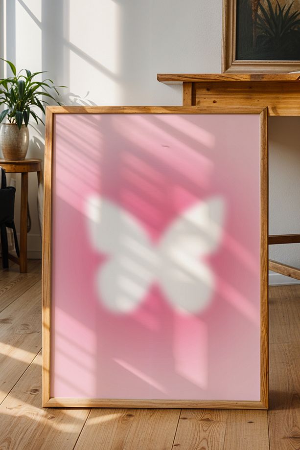 Pembe Bulanık Kelebek Duvar Posteri - Soft Minimalist Duvar Dekoru - Çerçevesiz Baskı - 2