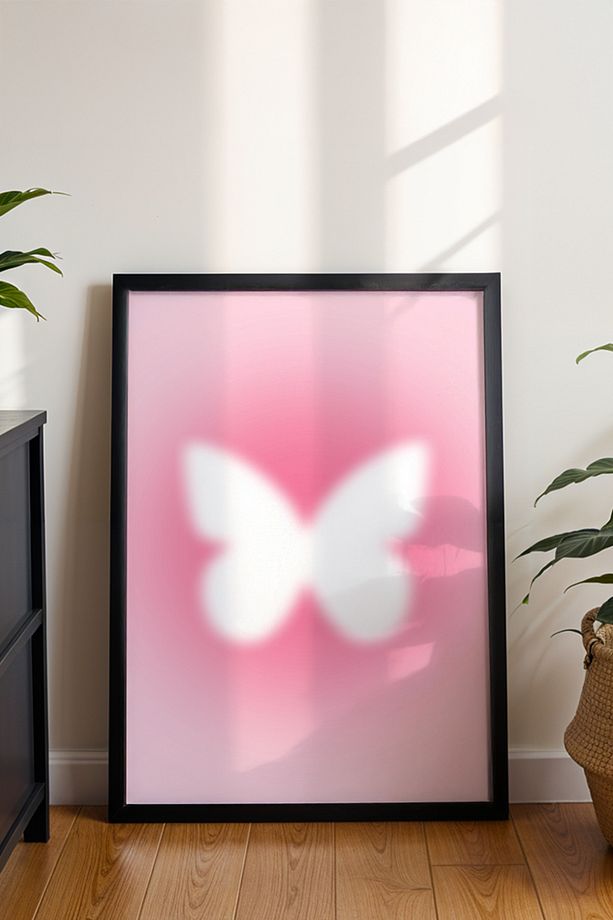 Pembe Bulanık Kelebek Duvar Posteri - Soft Minimalist Duvar Dekoru - Çerçevesiz Baskı - 3