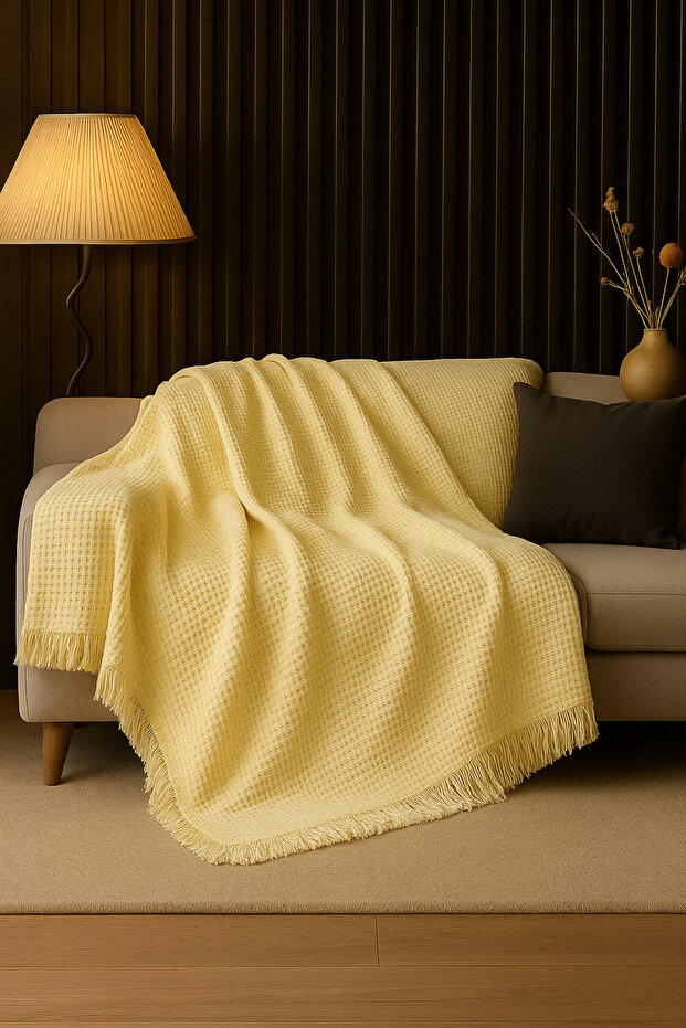Cotton Textured Ecru Sofa Shawl 170X220 cm – Fringed Tv Blanket & Decorative Sofa Cover