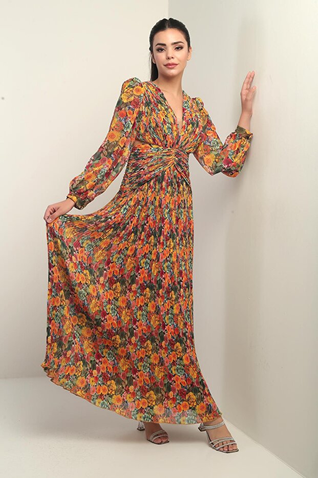 Women's V Neck Lined Floral Print Complete Pleated Chiffon Long Dress