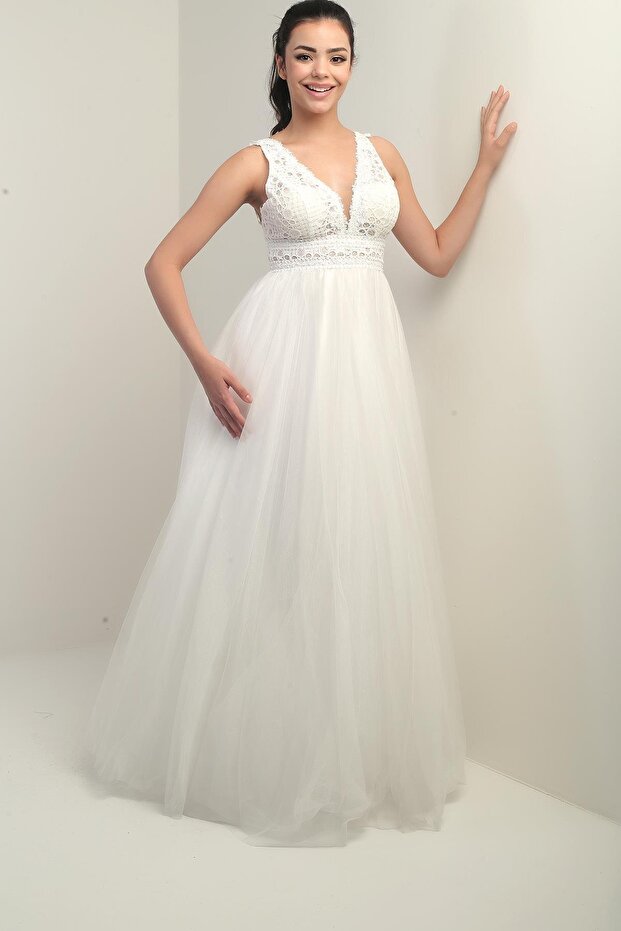Women's V-Neck Thick Straps Lining Top Lace Embroidery Tulle Long Princess Evening Dress