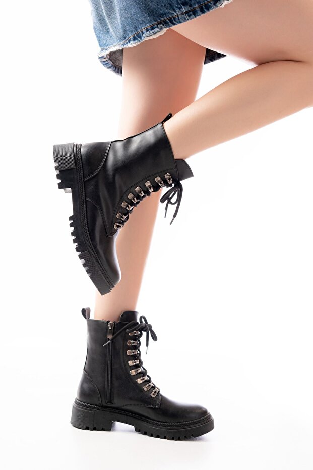 812-2121 Black Leather Lace-Up Zippered Daily Women's Boots