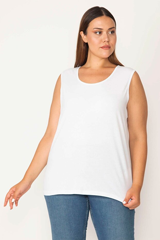 Dámská velká bílá halenka z bavlněné tkaniny s výstřihem bez rukávů 65n27624 - 1
