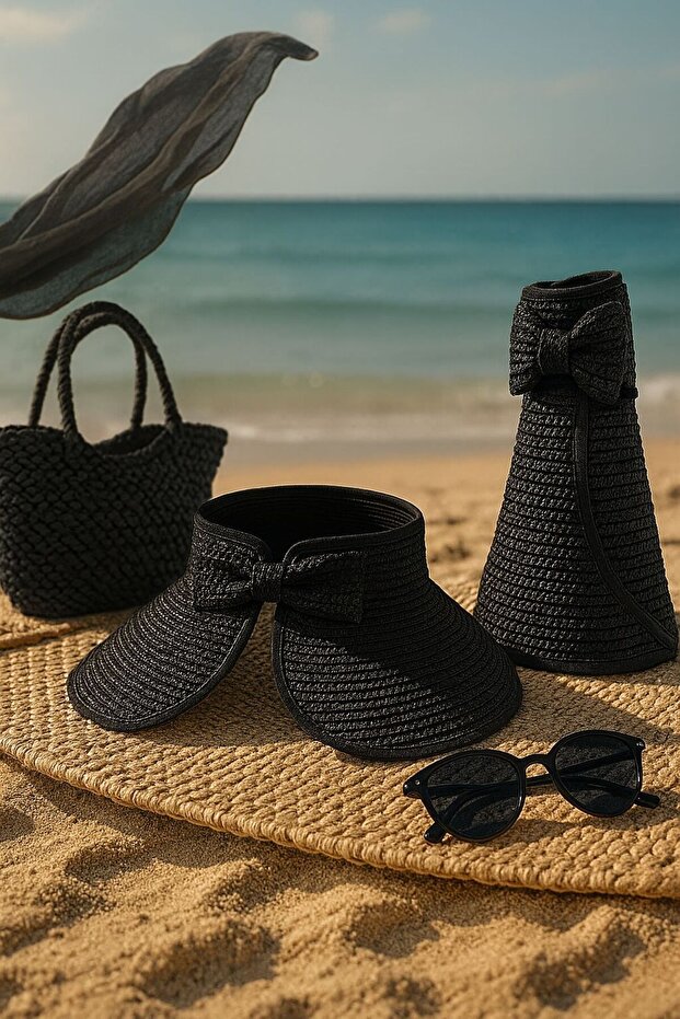 14624 Black Wide Open Top Straw Visor Hat with Bow - 3