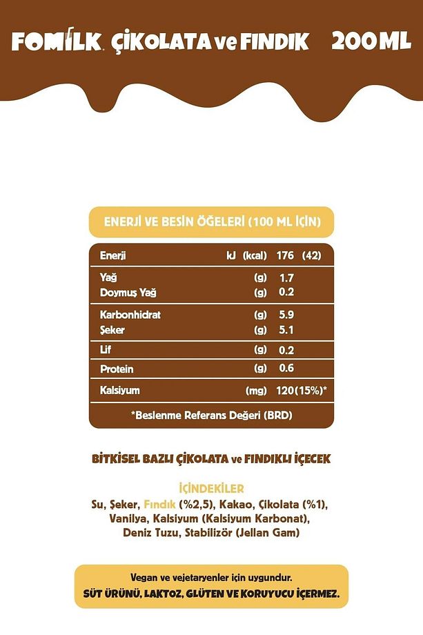 Çikolata & Fındık Sütü Glutensiz Bitkisel Bazlı Laktozsuz Vegan 200 ml X 10 Adet - 3
