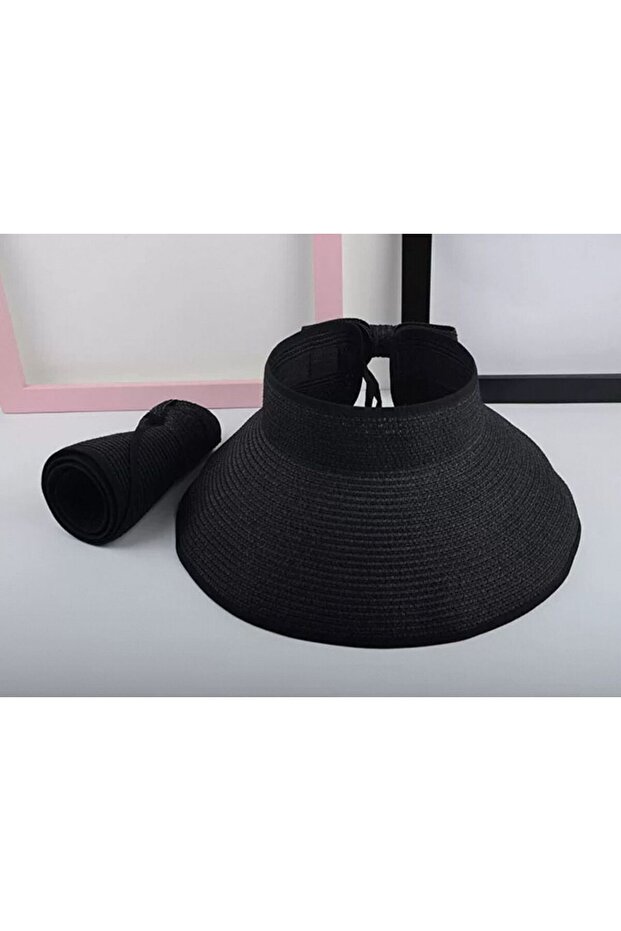 14624 Black Wide Open Top Straw Visor Hat with Bow - 5