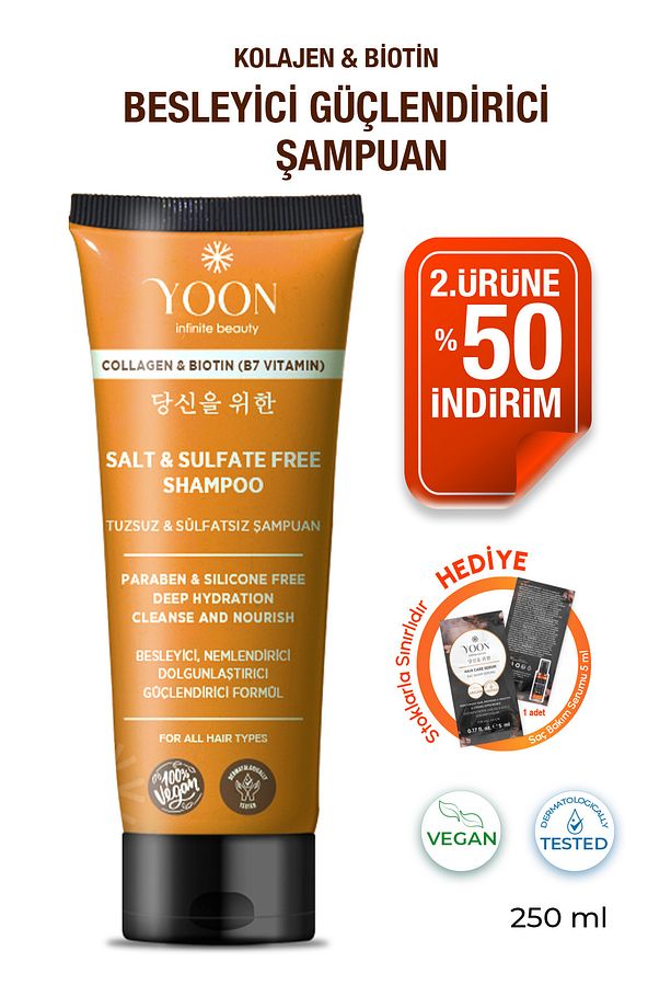 Sülfatsız ve Tuzsuz Şampuan, Kolajen Biotin B7 içerikli Parabensiz, Nemlendirici Vegan Şampuan 250ml - 1